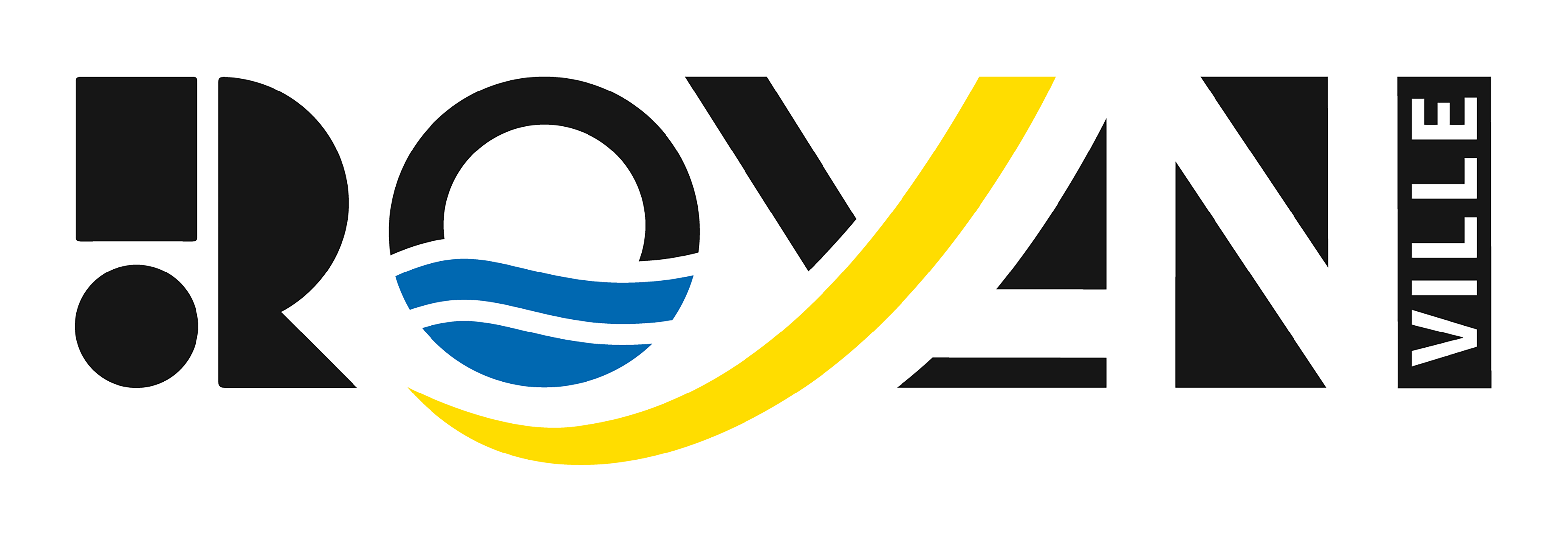 Logo de la ville de Royan : Le logo est constitué d’éléments graphiques stylisés, de formes géométriques noires et de deux couleurs vives : le bleu et le jaune.  Il forme le mot "ROYAN" en lettres majuscules stylisées.  Le "R" est fait d’un carré noir posé au-dessus d’un cercle noir, ce qui évoque un point d'exclamation à l’envers, et une demi-lune noire à droite.  Le "O" est un cercle noir ajouré en son centre, contenant deux vagues bleues représentant la mer.  Le "Y" est dessiné à partir d’un triangle noir et une grande courbe jaune ascendante, qui traverse et relie les lettres "O", "Y", et "A", suggérant le mouvement, le soleil ou une plage.  Le "A" et le "N" sont représentés de manière angulaire et épurée, toujours en noir.  À droite, un rectangle vertical noir contient le mot "VILLE" écrit en lettres blanches, orientées verticalement.  Ce logo évoque la mer, le soleil, et le design moderne, symbolisant l’identité balnéaire et dynamique de la ville de Royan.